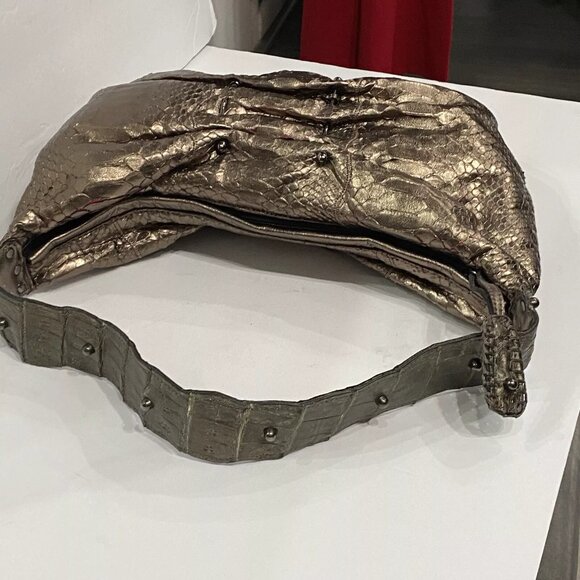 FATTO A MANO BY CARLOS FALCHI Python Snake Skin Bronze Metallic Shoulder Bag - Picture 5 of 11